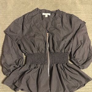 Black Shirred-Waist Zip Front Blouse